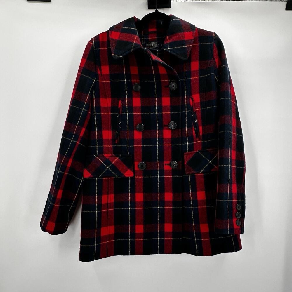 Pendleton Jacket Womens 8 Red Plaid Pea Coat‎ Wool Academia Double Breasted